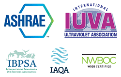 Aerapy membership logos to ASHRAE, IUVA, IBPSA, IAQA, and certified women-owned small business